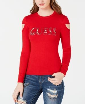 Guess Cold-shoulder Rhinestone Logo Sweater