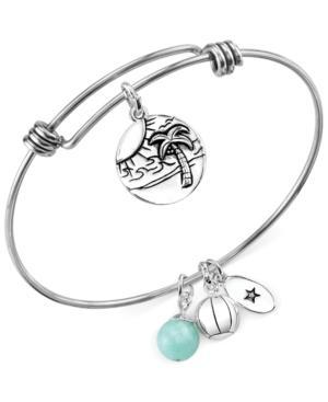 Unwritten Beach Charm And Amazonite (8mm) Adjustable Bangle Bracelet In Stainless Steel