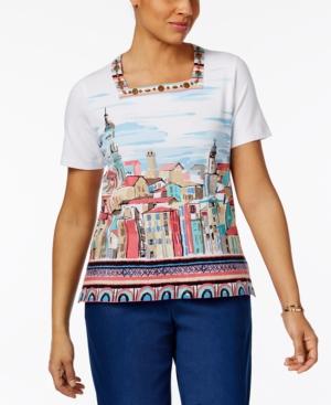 Alfred Dunner Scenic-print Beaded-neck Top