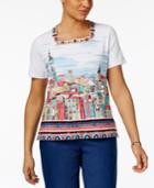 Alfred Dunner Scenic-print Beaded-neck Top