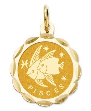 14k Gold Charm, Satin Polished Engraveable Pisces Zodiac Disc Charm