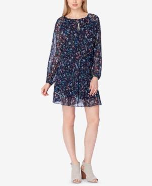 Tahari Asl Printed Pleated Chiffon Peasant Dress