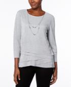 Alfred Dunner Silver Bells Tiered Metallic-knit Necklace Top
