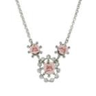 2028 Silver-tone Crystal And Pink Porcelain Rose Necklace 16 Adjustable