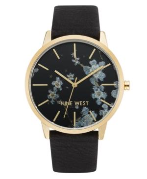 Nine West Women's Black Faux Leather Strap Watch 40mm