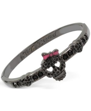 Betsey Johnson Hematite-tone Pave Accented Glamour Skull Hinged Bangle Bracelet