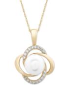 Cultured Freshwater Pearl (8mm) & Diamond (1/6 Ct. T.w.) Openwork Knot 18 Pendant Necklace In 14k Gold
