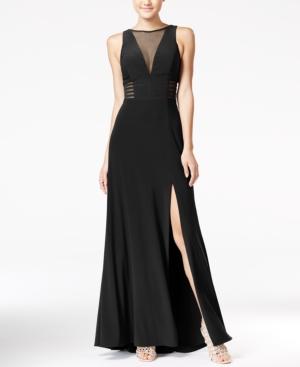 Morgan & Company Juniors' Illusion Front-slit A-line Gown