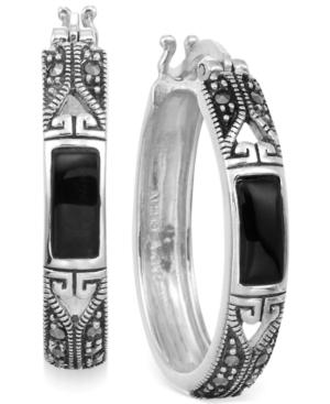 Genevieve & Grace Onyx (8x3mm) Inlay And Marcasite Oval Hoop Earrings In Sterling Silver