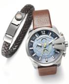Diesel Men's Chronograph Mega Chief Dark Brown Leather Strap Watch Set 51mm Dz4369