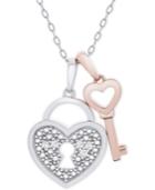 Diamond Accent Heart Lock & Key 18 Pendant Necklace In Sterling Silver & 14k Rose Gold-plate