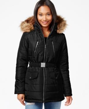 Celebrity Pink Faux-fur-trim Belted Puffer Coat