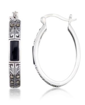 Onyx (7.5 X 5.3mm) & Marcasite Oval Hoop Earrings In Sterling Silver