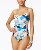Calvin Klein Navy Geo Floral Zipper-trim One-piece Swimsuit Women's Swimsuit