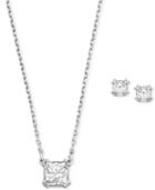 Swarovski Rhodium-plated Clear Crystal Square Stud Earrings And Pendant Necklace