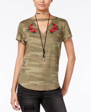 Hybrid Juniors' Embroidered Camo Printed Cutout T-shirt