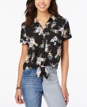Hippie Rose Juniors' Printed Tie-front Camp Shirt