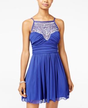 B Darlin Juniors' Embellished Ruched Fit & Flare Dress
