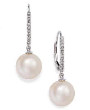 14k White Gold Earrings, Cultured Freshwater Pearl (10mm) And Diamond Accent Leverback Earrings