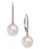 14k White Gold Earrings, Cultured Freshwater Pearl (10mm) And Diamond Accent Leverback Earrings