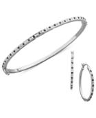 Sterling Silver Jewelry Set, Black And White Diamond Accent Bangle And Hoop Earrings Set