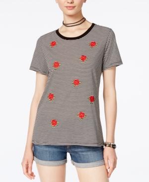 Carbon Copy Cotton Rose-embroidered Striped T-shirt