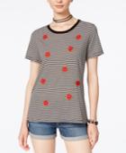 Carbon Copy Cotton Rose-embroidered Striped T-shirt