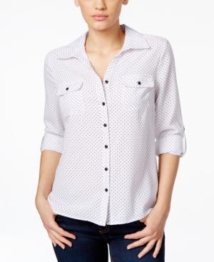 Ny Collection Petite Printed Tab-sleeve Dot-print Blouse