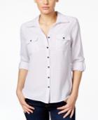 Ny Collection Petite Printed Tab-sleeve Dot-print Blouse