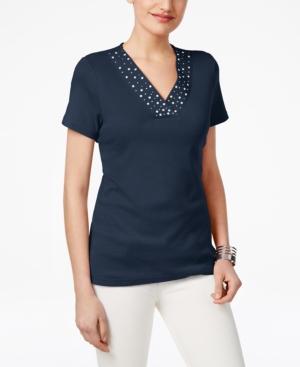 Karen Scott Embellished-neck Top, Created For Macy's