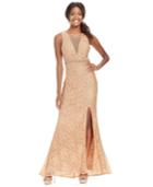 City Triangles Juniors' Embellished Lace Illusion Gown