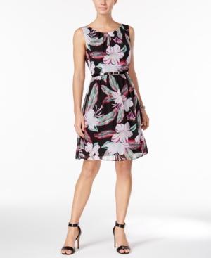 Connected Petite Belted Floral-print Dress