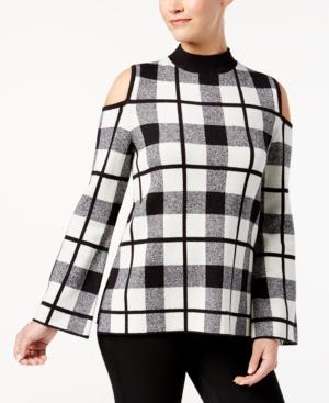 Style & Co Windowpane-plaid Cold-shoulder Sweater, Created For Macy's