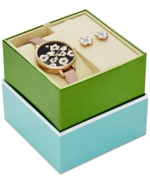Kate Spade New York Women's Metro Vachetta Leather Strap 34mm Watch & Earrings Box Gift Set