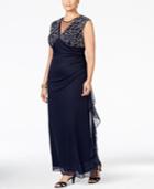 Betsy & Adam Plus Size Embellished Ruched Illusion Gown
