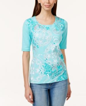 Karen Scott Petite Embellished Elbow-sleeve Top, Only At Macy's
