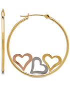 Tri-color Triple Heart Hoop Earrings In 10k Gold