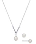 Cultured Freshwater Pearl (7 X 9mm & 6mm) & Cubic Zirconia Jewelry Set In Sterling Silver