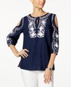 Charter Club Cotton Floral-embroidered Cold-shoulder Tunic, Only At Macy's