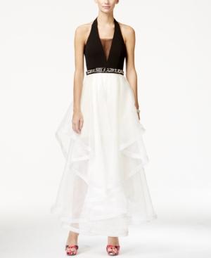 Teeze Me Juniors' Embellished Colorblocked Ruffled Halter Gown