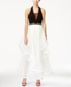 Teeze Me Juniors' Embellished Colorblocked Ruffled Halter Gown