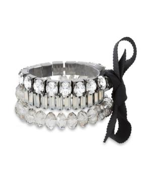 Catherine Malandrino Women's White Round Rhinestone Black Ribbon Trio Silver-tone Trio Stretch Bracelet