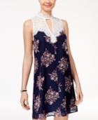 Sequin Hearts Juniors' Printed Lace-trim Shift Dress