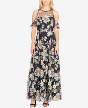 Tahari Asl Embroidered Cold-shoulder Gown