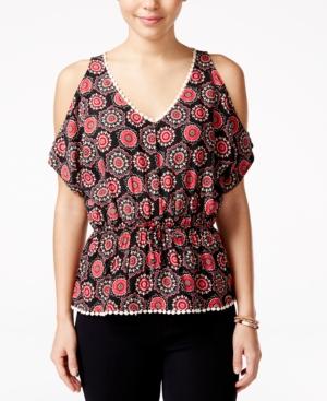 Miss Chievous Juniors' Printed Cold-shoulder Blouse