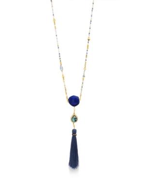 Catherine Malandrino Women's Multicolored Rhinestone Blue Tassel Yellow Gold-tone Beaded Chain Necklace