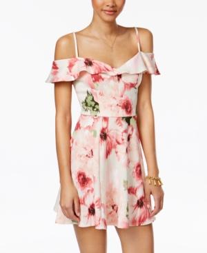 Emerald Sundae Juniors' Floral-print Cold-shoulder Fit & Flare Dress