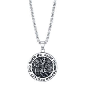 He Rocks Saint Christopher Coin Pendant Necklace In Stainless Steel, 24 Chain