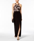 R & M Richards Sequined Scroll Slit Gown