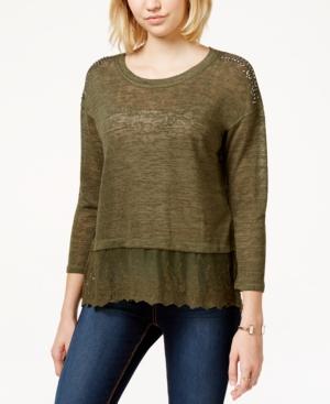 Eyeshadow Juniors' Faux-layered Slub-knit Top With Lace Trim